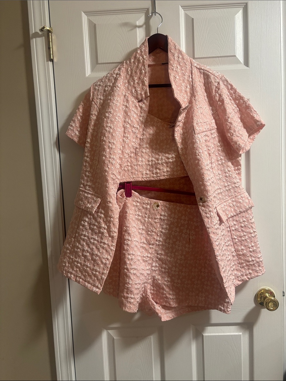 SHEIN Pink Textured Short Sleeve Jacket & Matching Shorts Set